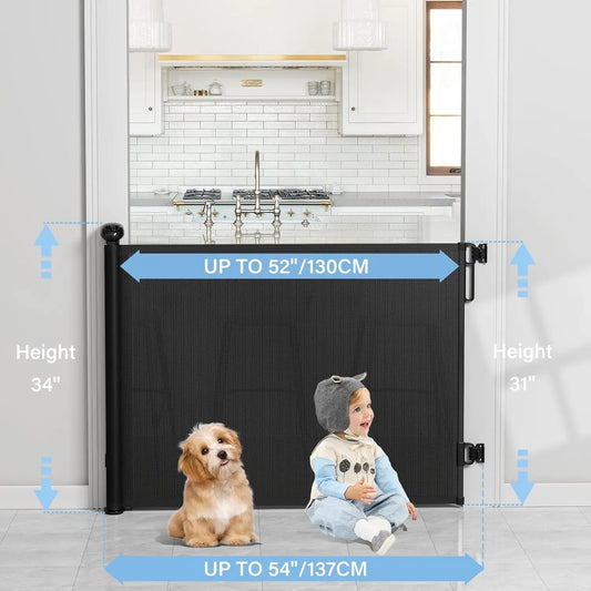 Retractable Baby Gates for Stairs, Dog Gate Indoor Extends to 54" Wide 34" Tall, Child Gates for Doorways, Stair Gate Use for Outdoor, Indoor, Hallways, Doorways, Deck, Porch
