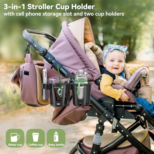 Stroller Cup Holder with Phone Holder, 3-In-1 Removable Bottle Holder, 360 Degrees Rotation Drink Holder for Wheelchair, Stroller, Bike, Walker, Scooter, Bicycle, Uppababy, Nuna, Bugaboo, Doona