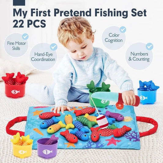 Toddler Toys Montessori Toys for 1 Year Old Boy Girl Birthday Gift -10 in 1 Cloth Fishing Game for Toddler 1-3 with Stacking Cups- Number Counting, Color Sorting, Shape Learning