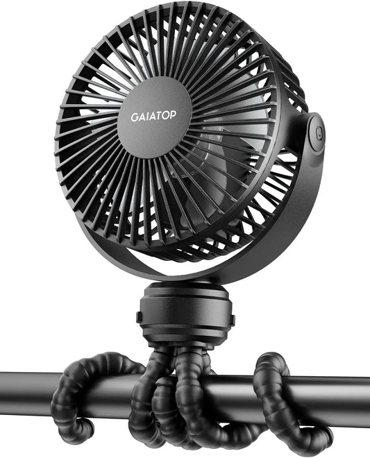 Mini Portable Stroller Fan, Battery Operated Small Clip On, Detachable 3 Speed Rechargeable, 360° Rotate Flexible Tripod Better Cooling for Car Seat Crib Treadmill Travel Black