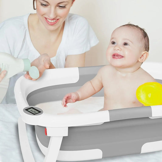 Collapsible Baby Bathtub,Baby Bath Tub with Soft Cushion & Thermometer,Baby Bathtub Newborn to Toddler 0-36 Months,Portable Travel Baby Tub,Gray