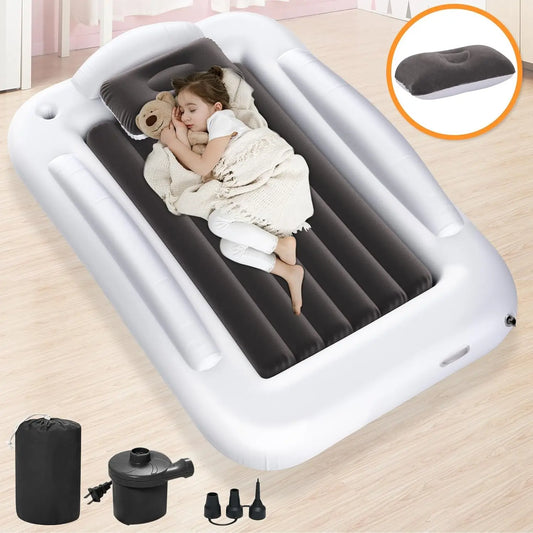 Inflatable Toddler Travel Bed - Portable Toddler Kids Travel Bed with Safety Sides Complete Kids Air Mattress Set with High-Speed Pump, Ideal for Vacation Camping and Sleepover (60 Inches)