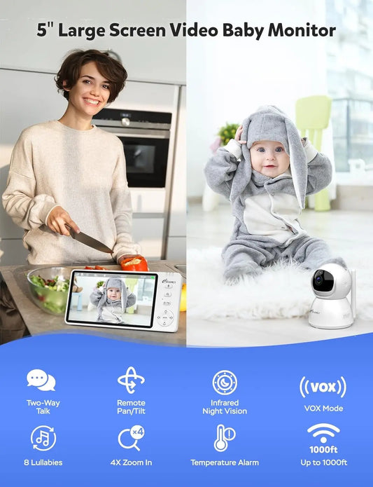 Baby Monitor with Camera and Audio – 720P HD Resolution, Large Display, 5000Mah Battery, Night Vision, Remote Pan, Tilt, and Zoom – Two-Way Talk, Lullabies, Thermal Monitor, 960Ft Range