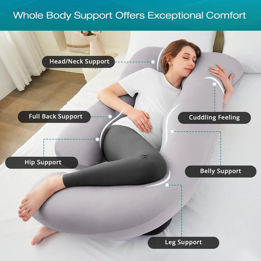 Pregnancy Pillows for Sleeping, U Shaped Cooling Full Body Pillow Pregnancy Must Haves, Maternity Pillow for Pregnant Women, Pillow with Removable Cover for Side Sleeper, Light Grey