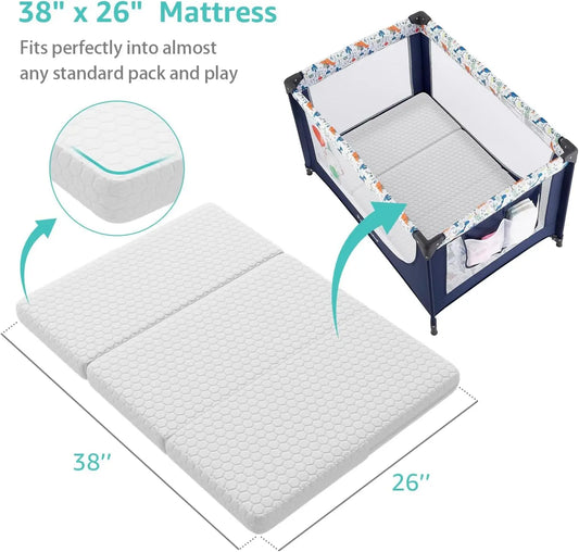 Memory Foam Pack and Play Mattress Trifold - Foldable Crib Mattresses Pad Tri Fold Travel Playpen Matress Portable