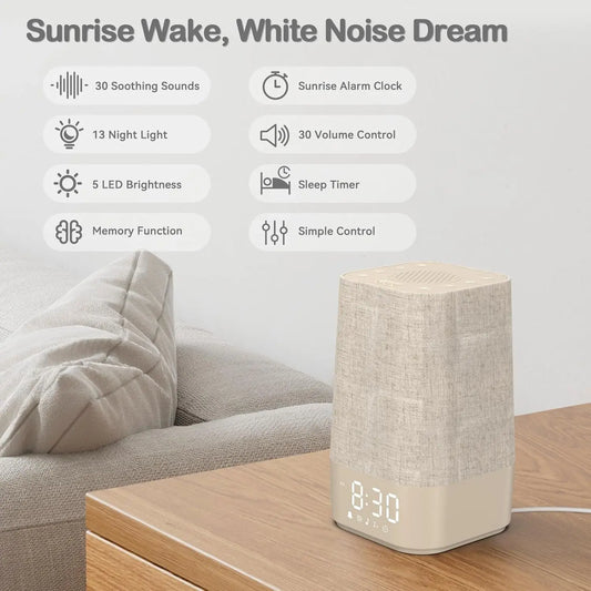 White Noise Sound Machine: 30 Soothing Sounds, Sunrise Alarm Clock for Gentle Wake Up, Adjustable Volume & Night Light, Timer, Ideal for Adults, Kids and Babies - Easy to Sleep, Relax, Focus