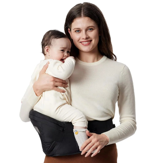 Hip Seat Baby Carrier - Adjustable Waistband with Original 3D Belly Protector, Ergonomic Carrier with Various Pockets for Newborns & Toddlers up to 45Lbs (Black, Medium)
