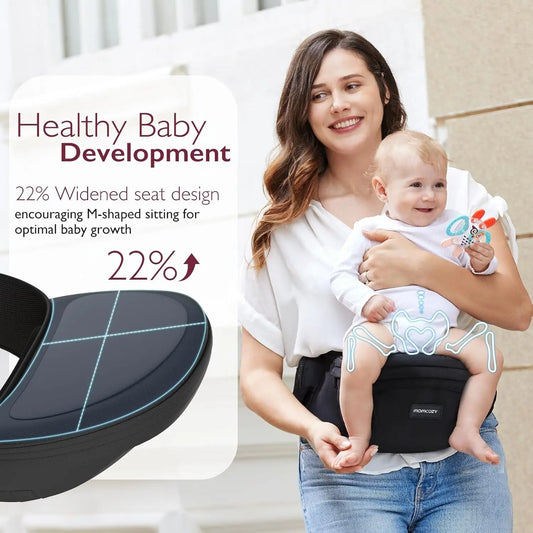 Hip Seat Baby Carrier - Adjustable Waistband with Original 3D Belly Protector, Ergonomic Carrier with Various Pockets for Newborns & Toddlers up to 45Lbs (Black, Medium)