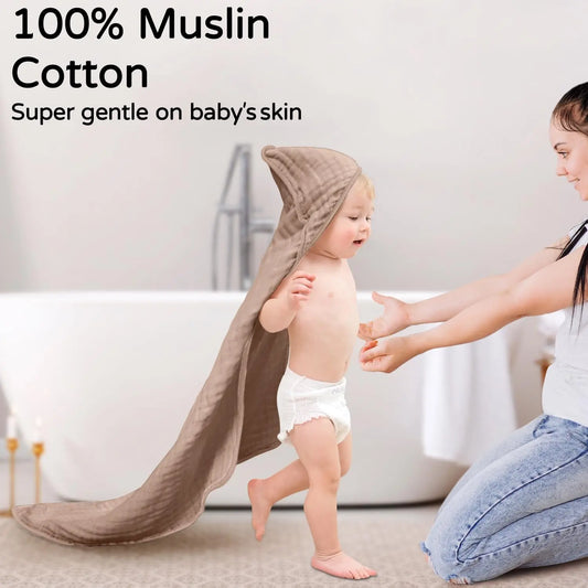 Hooded Baby Towels for Newborn 2 Pack 100% Muslin Cotton Baby Bath Towel with Hood for Babies, Infant, Toddler and Kids, Large 32X32Inch, Soft and Absorbent Newborn Essential