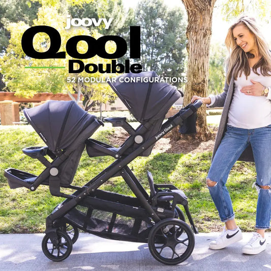 Qool Double Bundle Double Stroller with Reconfigurable Seats, Magnetic Safety Harness with Padding, UPF 50 Sun Canopy, and Large Storage Basket, Jet