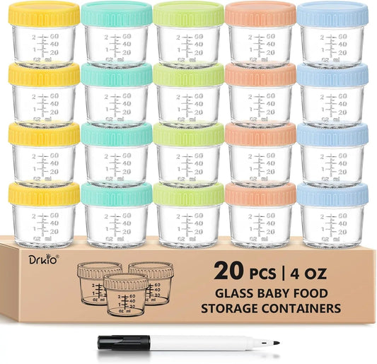 20 Pack Glass Baby Food Storage Containers 4 Oz Baby Food Jars with Lids Baby Food Maker Microwave Dishwasher Freezer Safe 100% Leak-Proof BPA Free