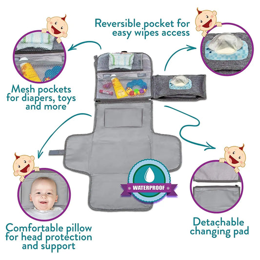 Portable Diaper Changing Pad - Baby Diaper Changer Travel Bag with Wipes Pocket, Smart Design Portable Changing Mat, Infant Travel Station Kit, Gift for Newborn Girl & Boy - Grey, Classic