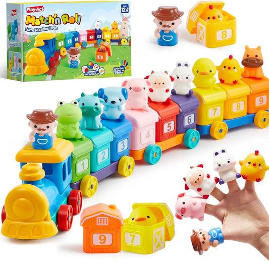 Learning Toy for Toddlers 1 2 3 Years Old, Counting, Matching & Sorting Montessori Learning Farm Train Including 9 Farm Animals and 1 Farmer, Christmas Birthday Gift for Baby Boys Girls