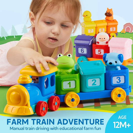 Learning Toy for Toddlers 1 2 3 Years Old, Counting, Matching & Sorting Montessori Learning Farm Train Including 9 Farm Animals and 1 Farmer, Christmas Birthday Gift for Baby Boys Girls