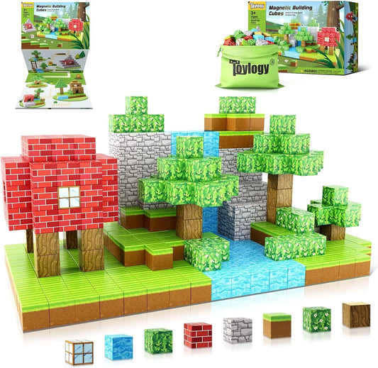 Magnetic Blocks-Build Mine Magnet World Edition, Magnetic Toys for Boys & Girls Age 3-4 4-5 6-8,STEM Montessori Sensory Toys for Toddlers Gifts for 3+ Years Old,48Pcs Fidget 1" Cubes Construction Toys