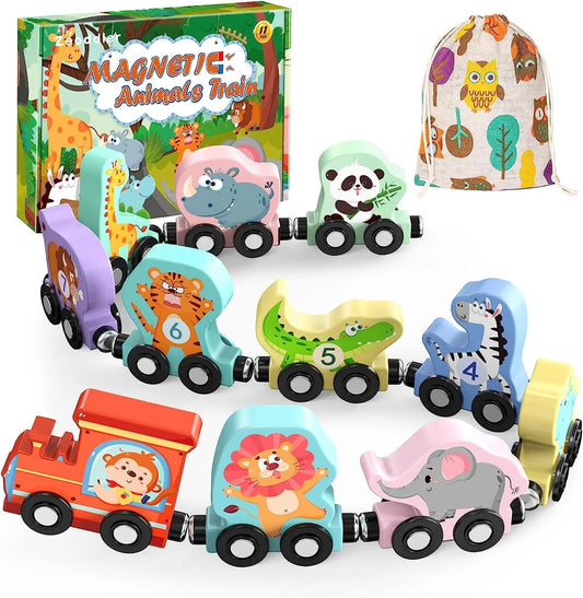 Toys for Toddlers, 11 Magnetic Wooden Animals Train Set, Montessori Toys for Toddlers, Preschool Learning Activities for Kids, Birthday Gifts for Boys, Girls