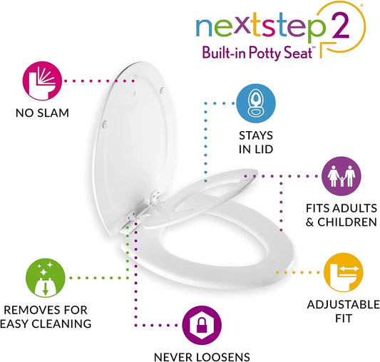 Nextstep2 Toilet Seat with Toddler Potty Training Seat Built-In, Slow Close, Easy Clean, Magnetic Removable Kids Seat, ELONGATED, White