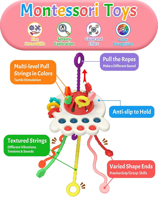 Baby Sensory Montessori Toys for 6-12-18 Months, Pull String Silicone Teething Toy, Stocking Stuffers Birthday Gift Travel Toy for 1 2 Year Old Boy Girl Infant Toddlers 8 9 10 Months Old