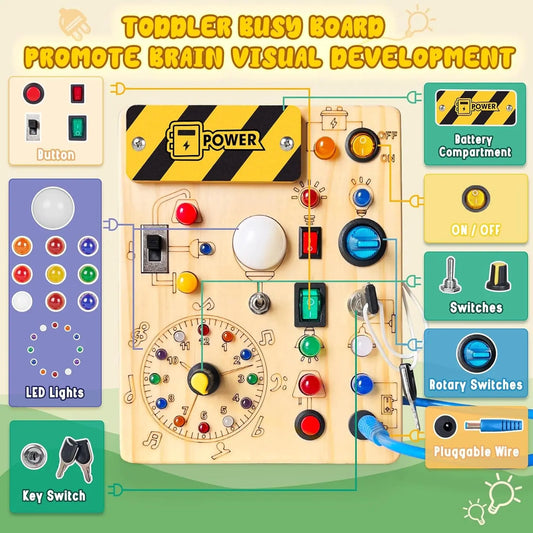 Busy Board,Montessori Toys for 1-3 Years Old, Wooden Toddler Toys, Autism Sensory Travel Toys, Ideal Gift for 1+ Year Old Boys (Busy Board plus V2)