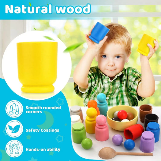 Ball in Cup Montessori Toy Wooden Rainbow Color Sorting Toy for Toddlers Preschool Color Matching Toy - 12 Ball 40Mm