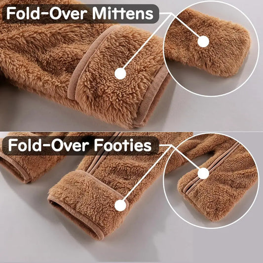 Newborn Baby Bear Onesie Outfit Suit Fold-Over Mittens Footies Girls Boys Winter Fleece Clothes Hooded Jumpsuit Romper