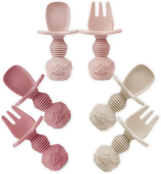6 Pack Silicone Baby Spoons and Fork Feeding Set- Anti-Choke First Self Feeding Utensils for Baby Led Weaning Ages 3 Months -Pink
