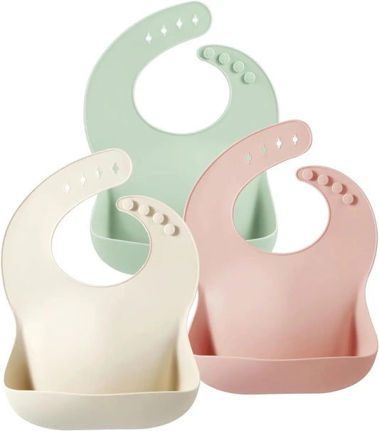 Silicone Baby Bibs Set of 3 for Toddlers, BPA Free Waterproof Adjustable Feeding Bib with Large Pocket Food Catcher
