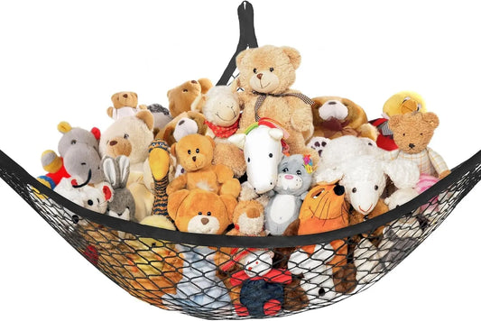 Stuffed Animal Net Hammock for Plushie Toys, Stuffed Animal Hammock Corner for Kids' Room Decor, Ideas for Organizing Stuffy Collection, Easy to Hang with Anchors & Hooks, 1 Pack, Black
