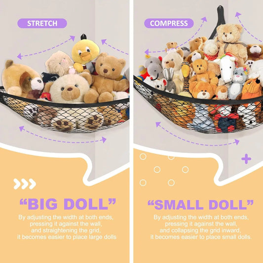 Stuffed Animal Net Hammock for Plushie Toys, Stuffed Animal Hammock Corner for Kids' Room Decor, Ideas for Organizing Stuffy Collection, Easy to Hang with Anchors & Hooks, 1 Pack, Black