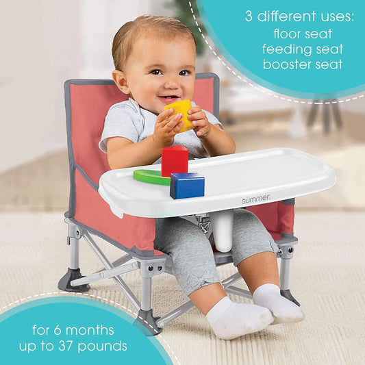 Summer by Pop 'N Sit Portable Booster Chair, Floor Seat, Indoor/Outdoor Use, Compact Fold, Coral, 6 Mos - 3 Yrs