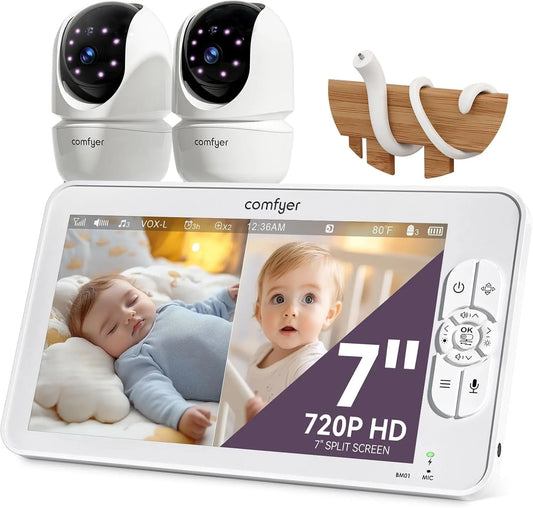 Split-Screen Baby Monitor with 2 1080P Cameras, 7" HD 720P Baby Monitor No Wifi with a Flexible Bracket, Video Baby Monitor with Camera and Audio, 2 Way Audio, Remote PTZ, Auto Night Vision