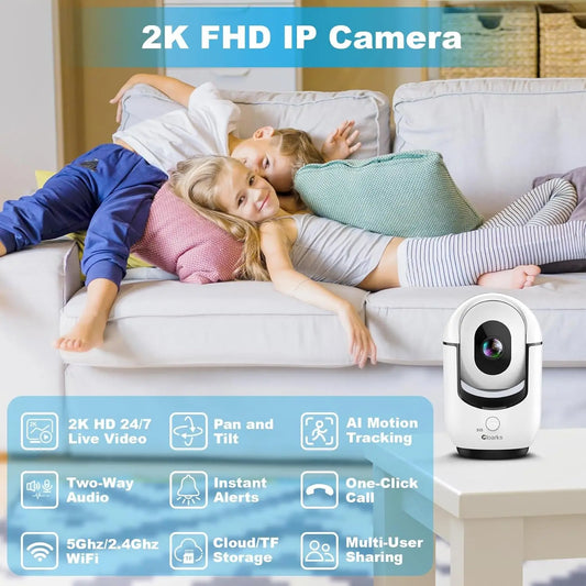 2K Indoor Camera, 5/2.4 Ghz Wifi Pan/Tilt Security Camera with AI Motion Detection, One-Click Call, Wired Pet/Baby Camera with 2-Way Audio, 24/7, Siren Alarm, Tf/Cloud Storage