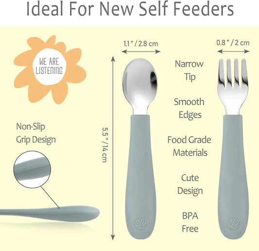 Coixfoam 8 Pieces Toddler Utensils, Toddler Safe Silverware Set with Food Grade Silicone Hanlde, 18/8 Stainless Steel, Perfect Length for New Self Feeders, Dishwasher Safe