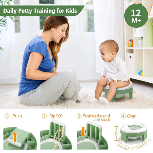 Portable Potty for Kids Travel - Foldable Training Toilet Chair for Toddler Girls with Storage Bags, Potty Training Toilet for Outdoor and Indoor Easy to Clean(Green)