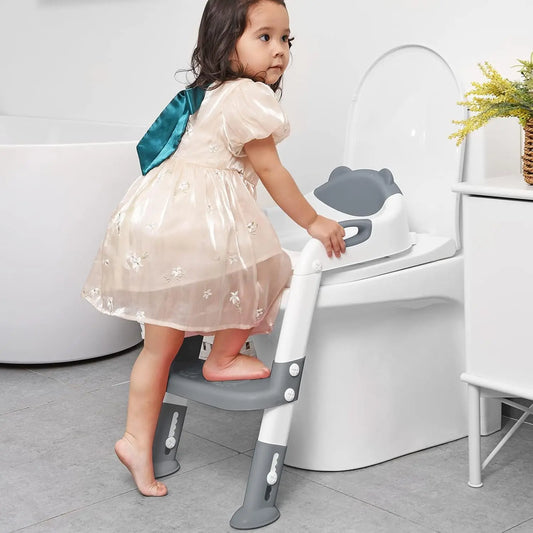 Potty Training Seat with Step Stool Ladder,  Potty Training Toilet for Kids Boys Girls Toddlers - Comfortable Safe Potty Seat with Anti-Slip Pads Ladder Grey