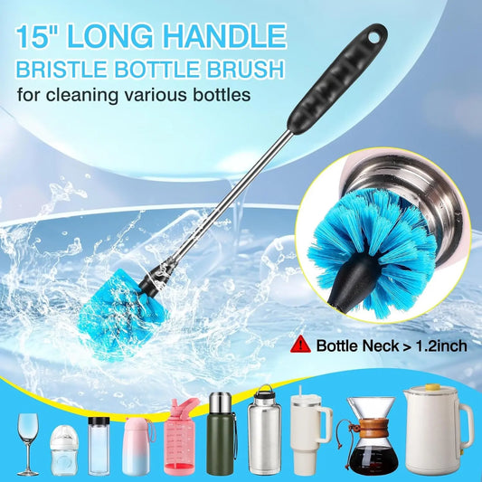 5 Pack Bottle Cleaning Brush Set, Stainless Steel Scrub Cleaner Brush with 15'' Long Handle and 3 Straw Brushes, Flexible for Cleaning Sport Water Bottles, Straws, Coffee Mug, Cups, Baby Bottle
