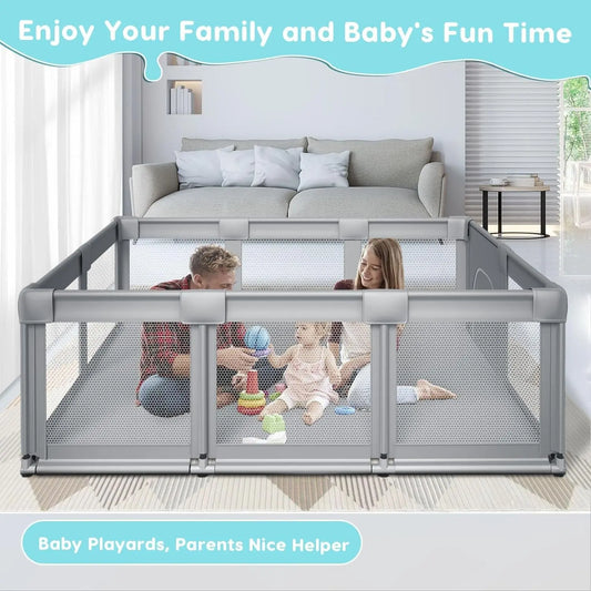 74" ×50" Large Baby Playpen, Baby Playard for Babies and Toddlers, Baby Fence Play Pens for Indoor & Outdoor, Sturdy Safety Play Yard with Soft Breathable Mesh, Anti-Fall, Grey