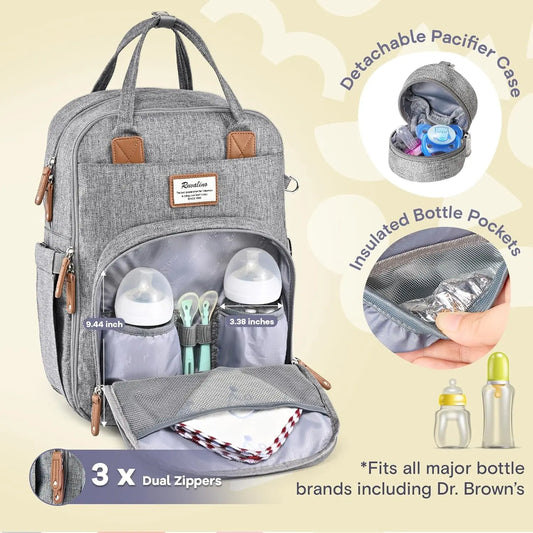 Diaper Bag Backpack, Multifunction Travel Pack Maternity Baby Changing Bags, Large Capacity, Waterproof, Gray