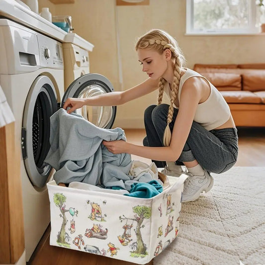Square Winnie Nursery Storage Basket with a Waterproof PE Coating, Foldable Large Canvas Laundry Hamper, Decorative Storage Baskets Suitable for Bathroom and Bedroom (White)