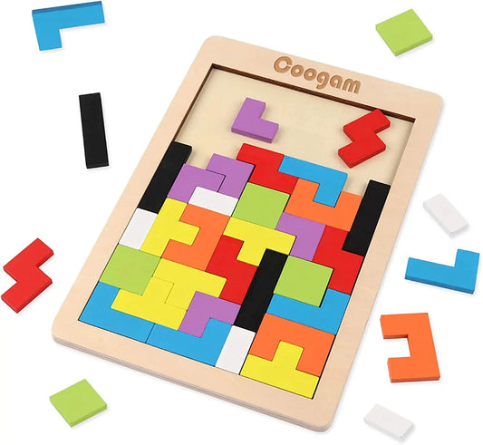 Wooden Blocks Puzzle Brain Teasers Toy Tangram Jigsaw Intelligence Colorful 3D Russian Blocks Game STEM Montessori Educational Gift for Kids (40 Pcs)